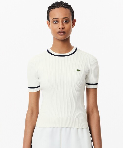 「LACOSTE」 半袖ニット 34 ホワイト レディース