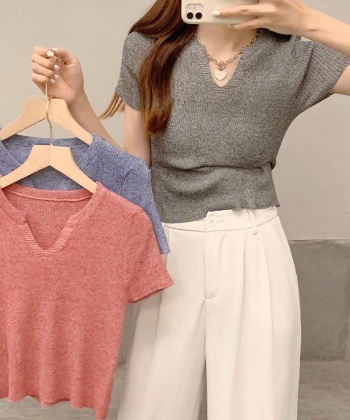 shoppinggo tシャツ サマーニット へそ出し トップス Vネック