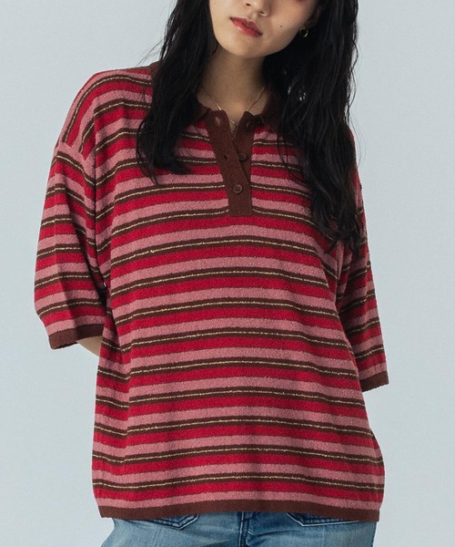 ニット セーター (CREOLME)MULTI STRIPE POLO TOP レディース