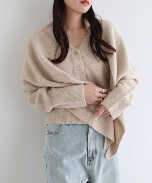 Freesia カーディガン 同色ストール付きリボン刺繍ニットカーディガン