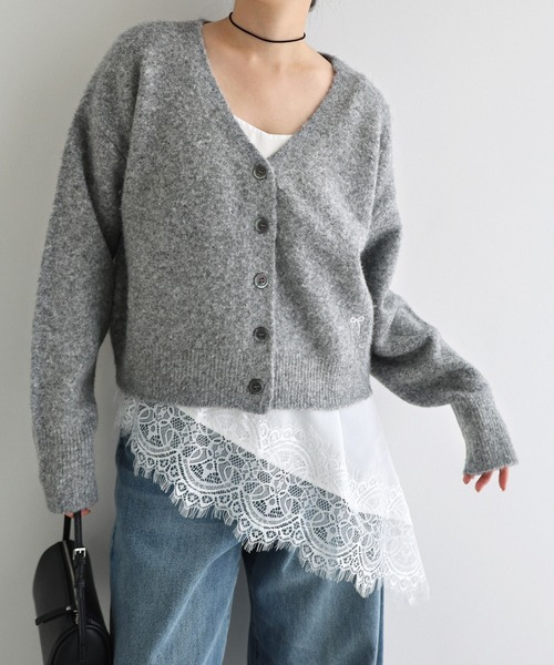 Freesia カーディガン 同色ストール付きリボン刺繍ニットカーディガン