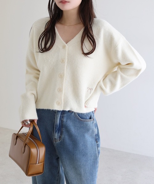 Freesia カーディガン 同色ストール付きリボン刺繍ニットカーディガン