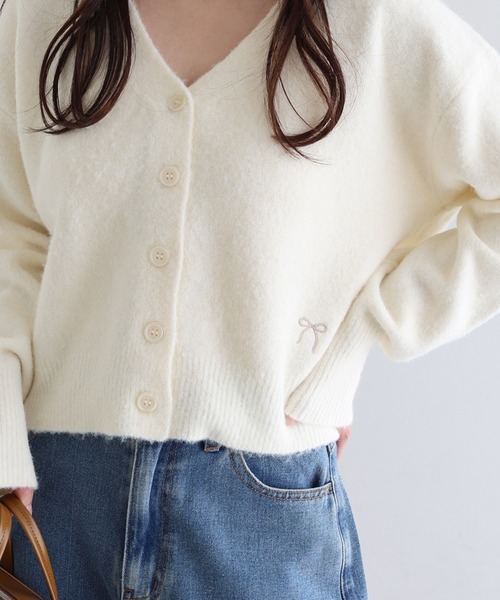 Freesia カーディガン 同色ストール付きリボン刺繍ニットカーディガン