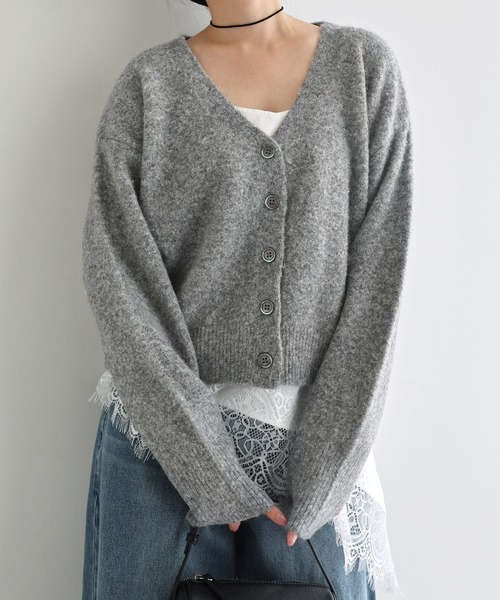 Freesia カーディガン 同色ストール付きリボン刺繍ニットカーディガン