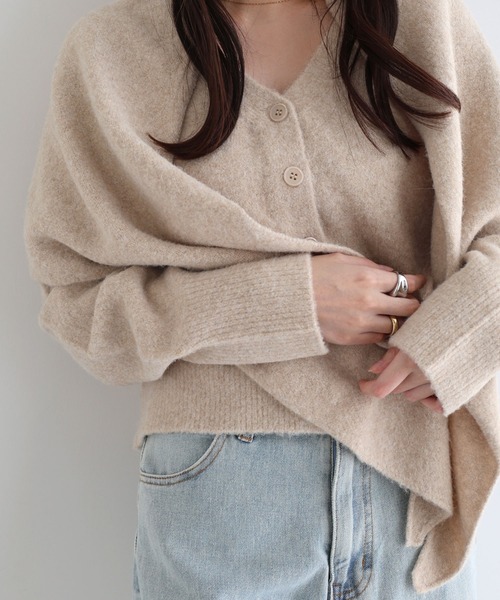 【美品】コットンカーディガンニット　リボン　オーブ刺繍　ベージュ　チェック 美品】コットンカーディガンニット リボン オーブ刺繍 ベージュ チェック