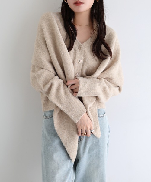 【美品】コットンカーディガンニット　リボン　オーブ刺繍　ベージュ　チェック 美品】コットンカーディガンニット リボン オーブ刺繍 ベージュ チェック