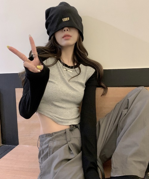 ナイトメア　ラグランティー　トップス lilful tシャツ シンプル タイトフィット配色ラグラントップス
