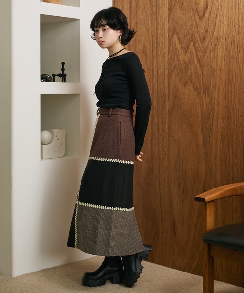 スカート different material patchwork long skirt /異素材パッチ