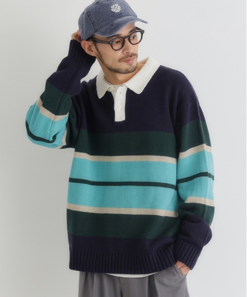 【個性派古着】日本製　長袖総柄デザインニットポロシャツ　マルチカラー　メンズL BACK NUMBER セーター ニット 「BACK NUMBER」マルチボーダーポロ襟