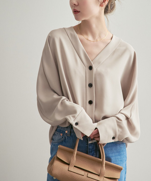 NOBLE エステルダブルクロスカーデブラウス ノーブル　ベージュ シャツ 追加予約・WEB限定カラー》エステルダブルクロスカーデブラウス