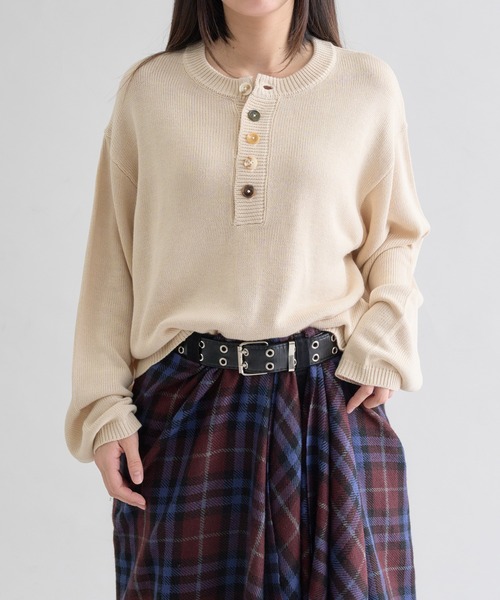 セーター ニット Contrast Button Henley Neck Knit / コントラスト
