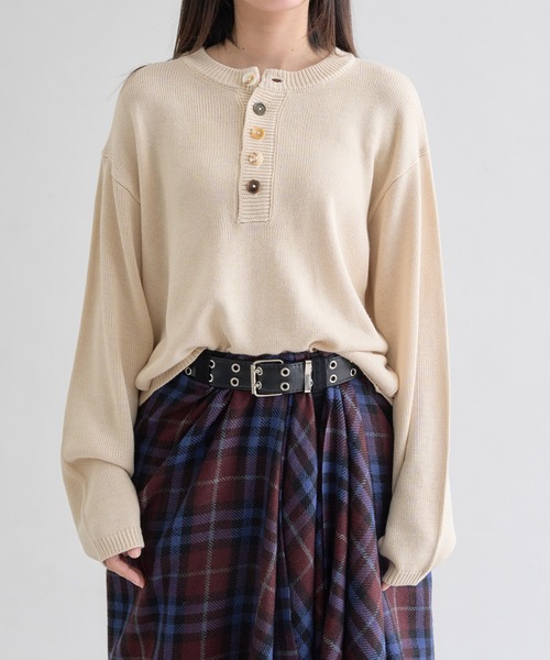 セーター ニット Contrast Button Henley Neck Knit / コントラスト