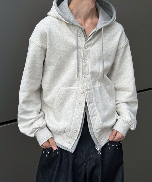Perushu パーカー Button Layered Double Zip Hoodie ／ボタン