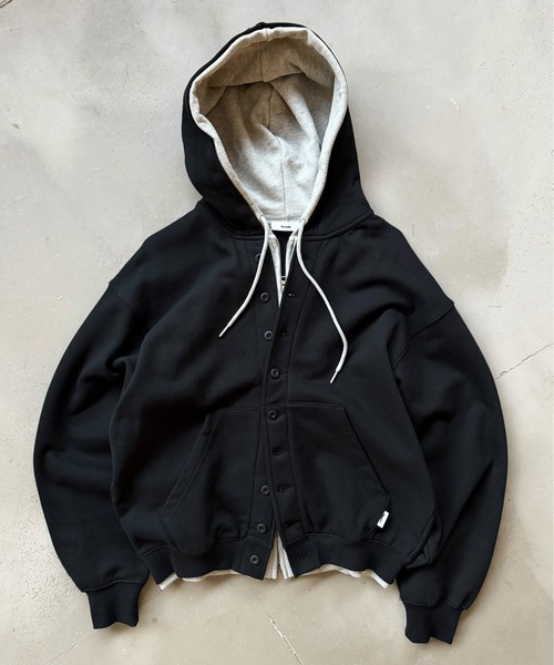 Perushu パーカー Button Layered Double Zip Hoodie ／ボタン