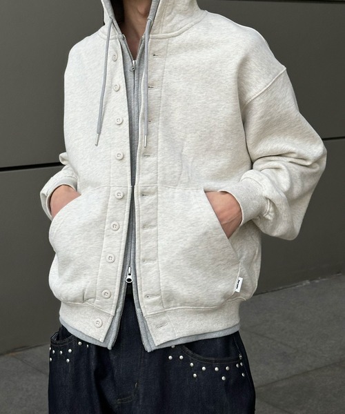 Perushu パーカー Button Layered Double Zip Hoodie ／ボタン