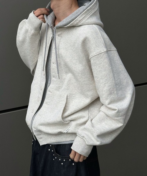 Perushu パーカー Button Layered Double Zip Hoodie ／ボタン
