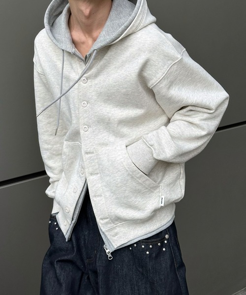 Perushu パーカー Button Layered Double Zip Hoodie ／ボタン