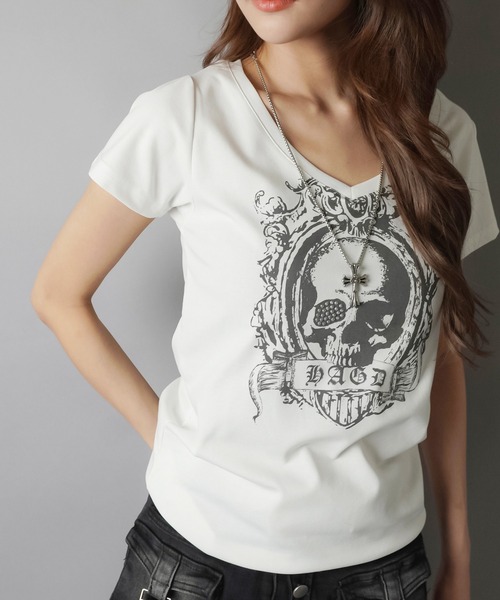 SPINNS（スピンズ） tシャツ 半袖 Vネック半袖Tシャツ/スカルウイング 