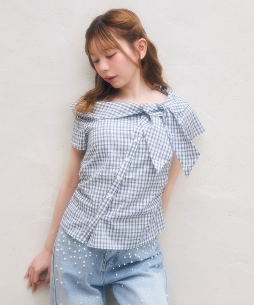 TISSU ROUGE ギンガムチェック フリル 半袖ブラウス TITTY＆CO.（ティティーアンドコー） ブラウス シャツ ギンガム