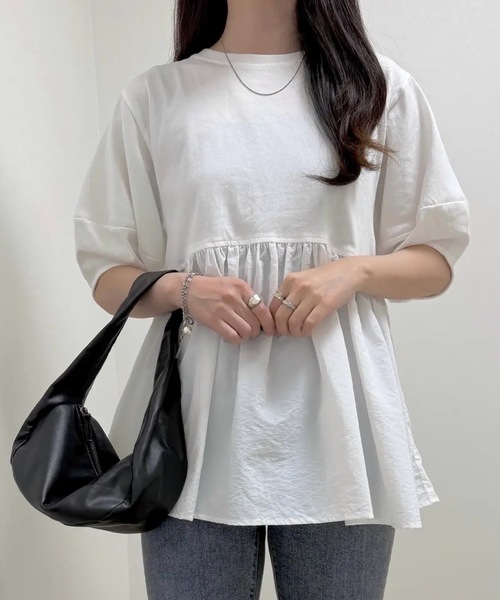 tシャツ 半袖 異素材切り替えペプラムトップス レディース : ZOZOTOWN
