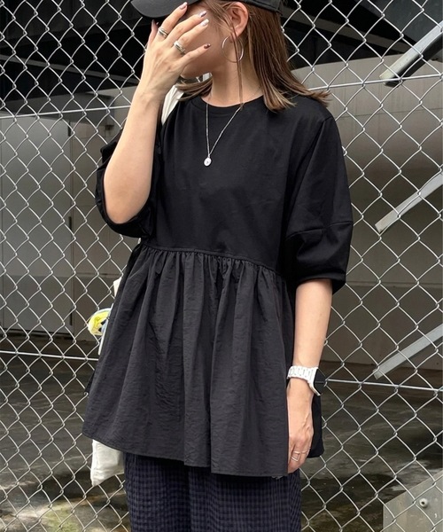 ペプラム 半袖 トップス ブラック tシャツ 半袖 異素材切り替えペプラムトップス レディース : ZOZOTOWN