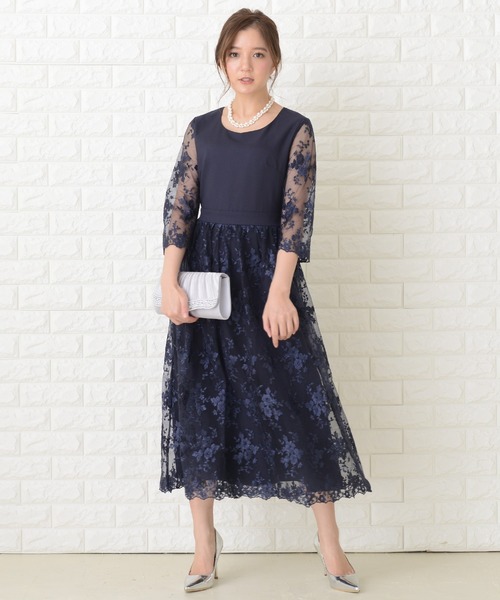 Lace Ladies ドレス 花柄シースルー袖ロングパーティドレス