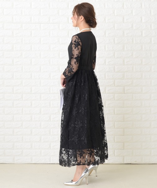 パーティドレス 花柄 レース シースルー ロング丈 3color c618 Lace Ladies ドレス 花柄シースルー袖ロングパーティドレス