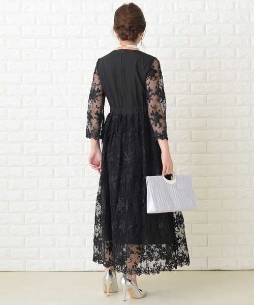 Lace Ladies ドレス 花柄シースルー袖ロングパーティドレス