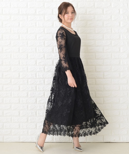 お花のデザインにドット柄のシースルーがオシャレなロングドレス 総フラワー刺繍シースルーロングドレス ロングワンピース 結婚式