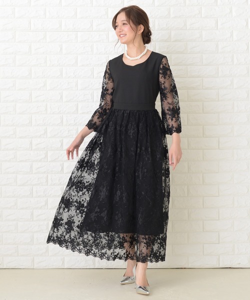 Lace Ladies ドレス 花柄シースルー袖ロングパーティドレス