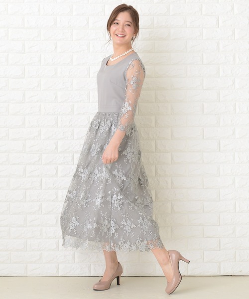 Lace Ladies ドレス 花柄シースルー袖ロングパーティドレス