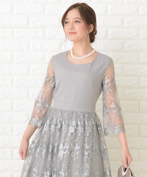 Lace Ladies ドレス 花柄シースルー袖ロングパーティドレス