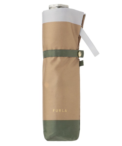 【未使用品】フルラ ボーダー 晴雨兼用 折り畳み傘 日傘 カーキ×ブラウン FURLA 折りたたみ傘 折りたたみ傘 カラーボーダー レディース