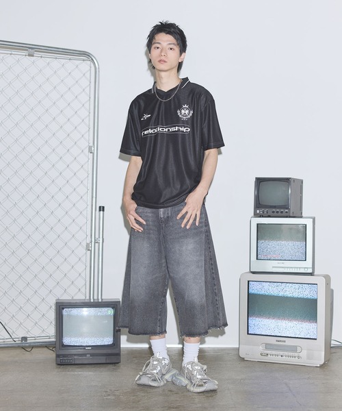 tシャツ オーバーサイズ襟配色ロゴプリントゲーム半袖Tシャツ