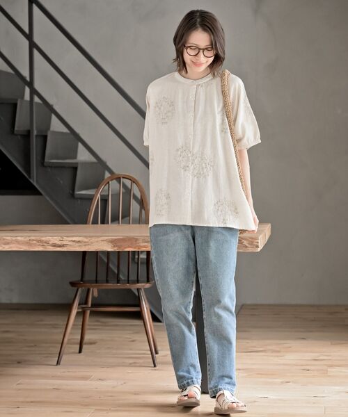r・p・s ブラウス シャツ サガラ刺繍バンドカラードルマン
