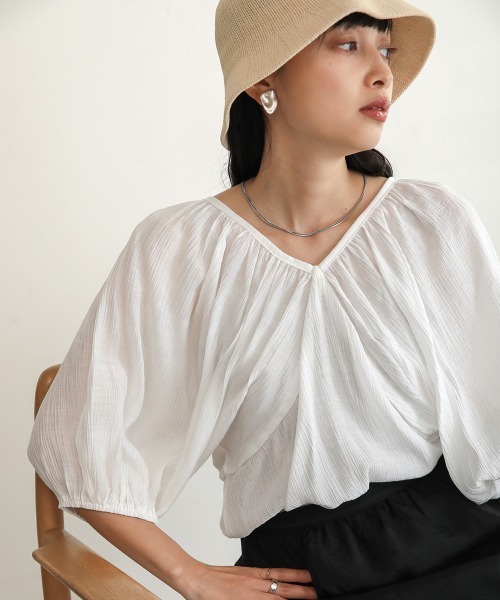 BAB ブラウス シャツ 楊柳シャーリングトップス レディース