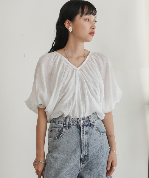 BAB ブラウス シャツ 楊柳シャーリングトップス レディース