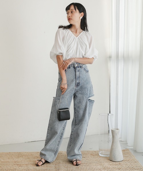 ブラウス シャツ 楊柳シャーリングリボンブラウス レディース 楊柳シャーリングリボンブラウス | N. Natural Beauty Basic