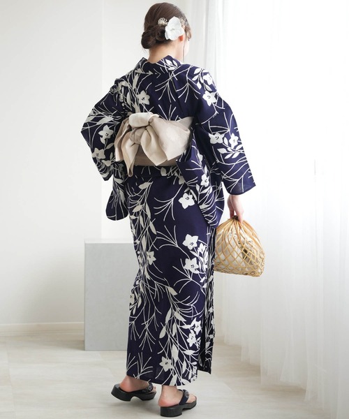 3点セット　上品な桔梗柄注染浴衣◇本染 夏物 藍染 コーマ地 長尺トールサイズ utatane 浴衣 手染め注染浴衣3点セット utatane×注染工房 紺地に桔梗