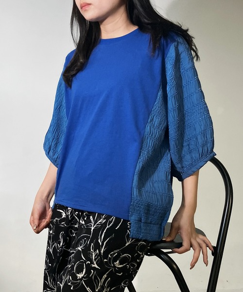 AS KNOW tシャツ カットソーと布帛切り替え パフスリーブプル