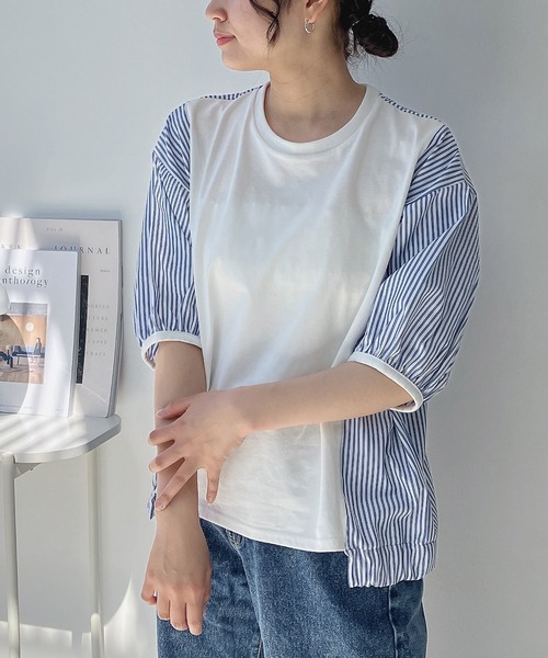 AS KNOW tシャツ カットソーと布帛切り替え パフスリーブプル