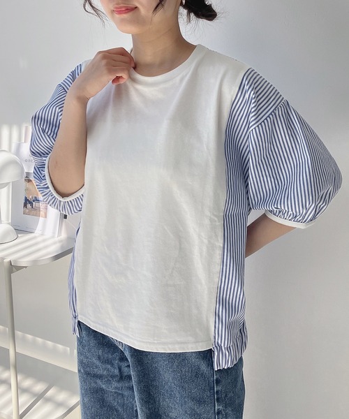 AS KNOW tシャツ カットソーと布帛切り替え パフスリーブプル