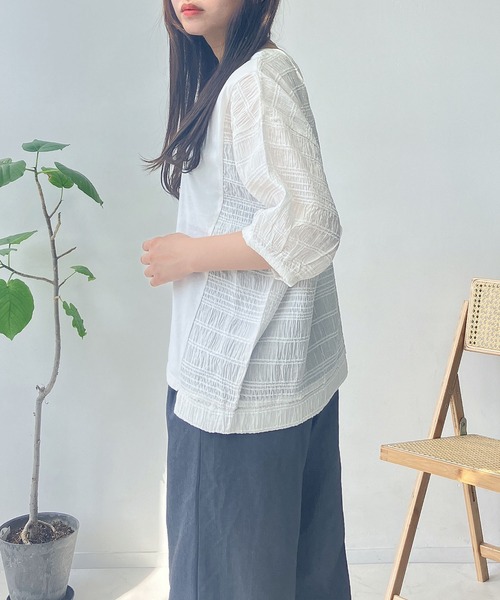 AS KNOW tシャツ カットソーと布帛切り替え パフスリーブプル