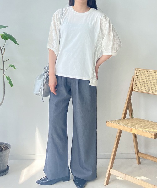 AS KNOW tシャツ カットソーと布帛切り替え パフスリーブプル