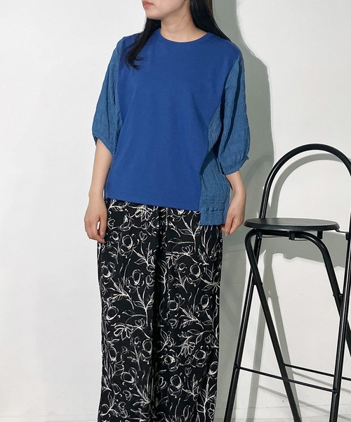 AS KNOW tシャツ カットソーと布帛切り替え パフスリーブプル