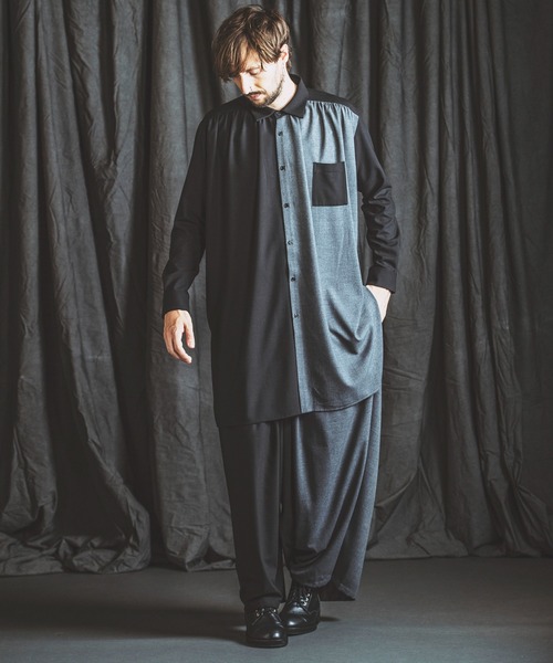 【美品/F】NO ID. ブラック アシンメトリーギャザーロングドレスシャツ 美品/F】NO ID. ブラック アシンメトリーギャザーロングドレス