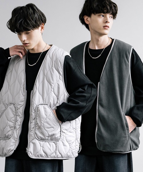ベスト ジレ ひょうたんキルト×フリース 2WAYリバーシブル中綿入り前開きベスト メンズ レディース | Rocky Monroe | 02