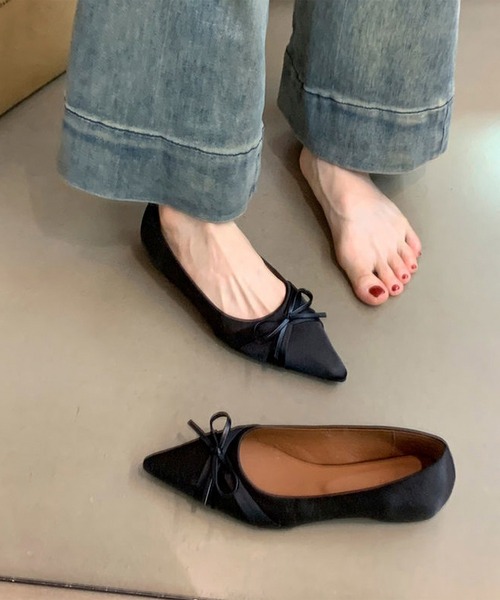 リボンディテール レザーパンプス 楽天市場】レザー調ねじりリボンポインテッドパンプス