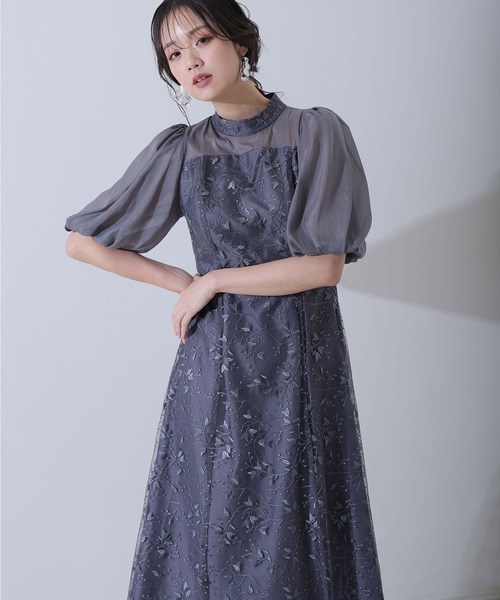 【最終お値下げ】atlo. pourvous ウエストリブ パフスリーブ　結婚式 atlo ドレス 結婚式 パーティードレス パフスリーブミモレ丈＆七