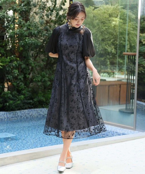 【美品】結婚式　パーティードレス　オケージョンドレス　同窓会　低身長 PourVous ドレス 「低身長用サイズあり」七分袖＆ロング同窓会